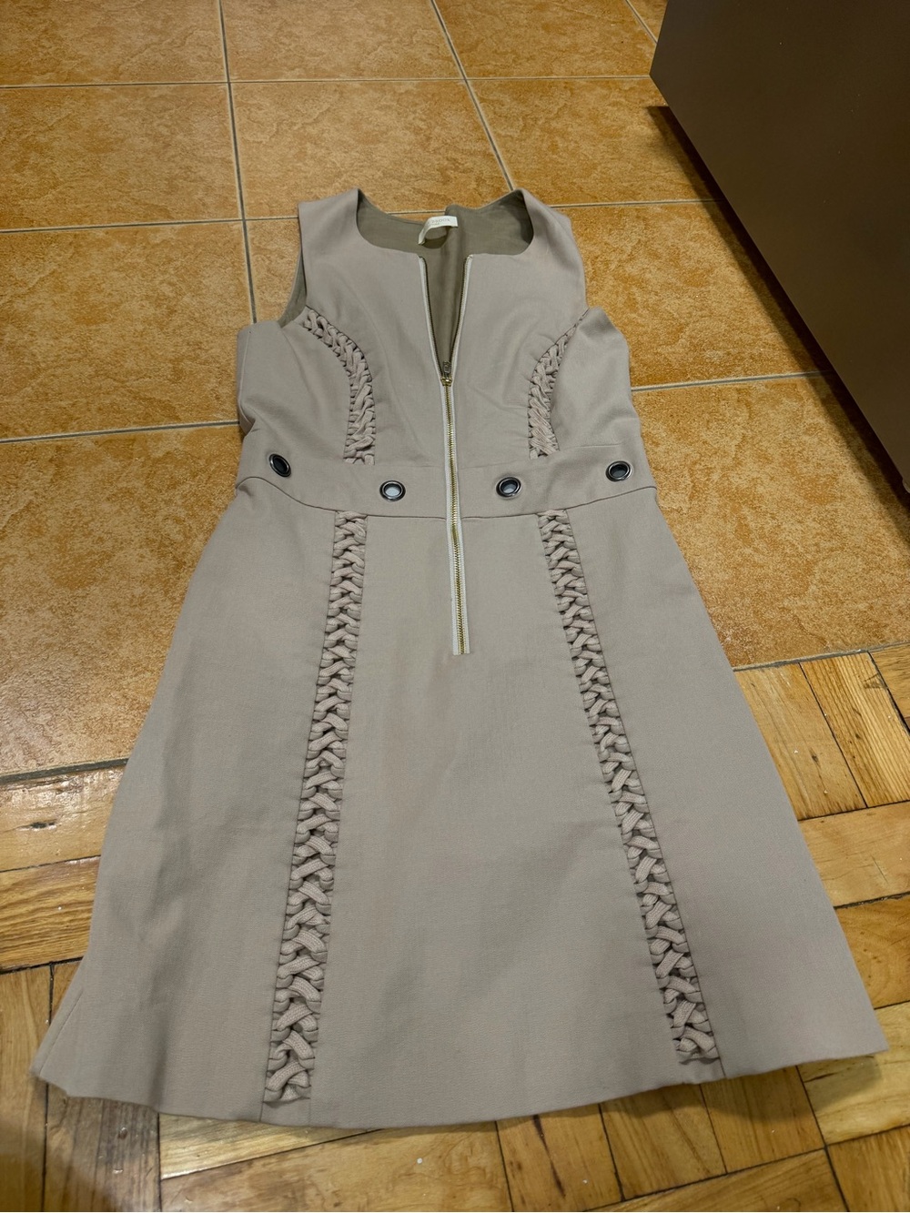 Ramy Brook Taupe Sleeveless Braided-Trim A-Line Dress with Front Zip